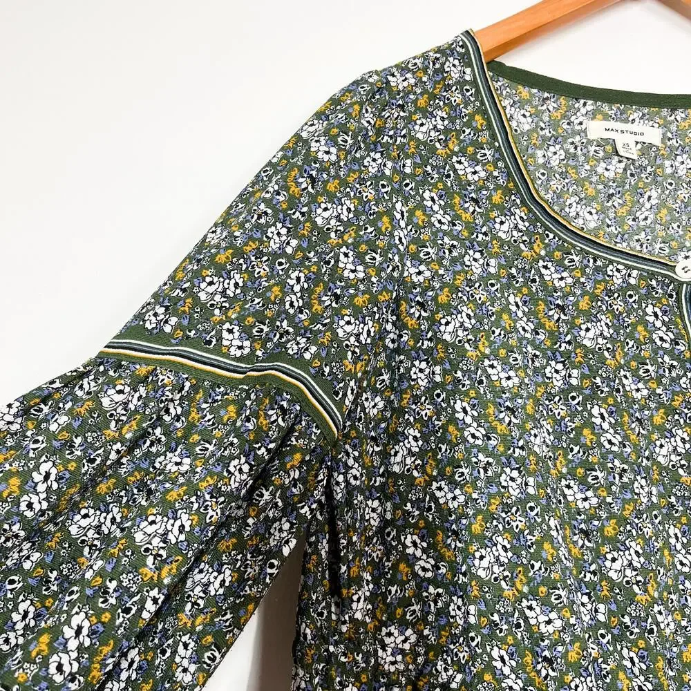 Max Studio Tiered Floral Long Sleeves‎ Dress Sz XS Relaxed Fit Green Multicolor